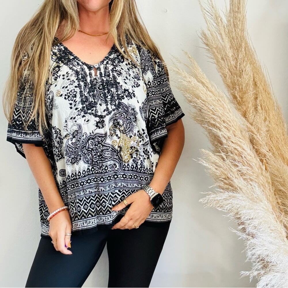 VINTAGE FORBIDDEN Black White Beige Paisley Print Boho Poncho Blouse Shirt Top L - Picture 7 of 13